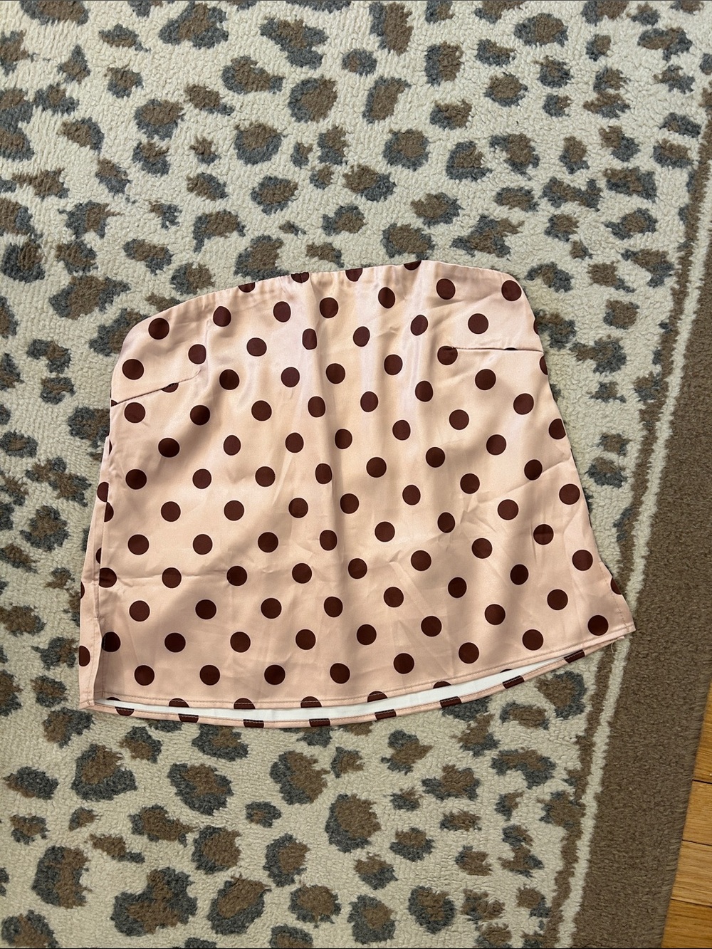 Source Unknown Blush Satin Mini Top with Brown Polka Dots